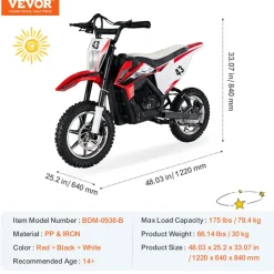 VEVOR Kids Ride On Motorcycle, 36V Battery Powered Electric Motorcycle with Speed Up to 15.5mph, Treaded Tires, Battery Gauge, Dual Brakes, Ride on Toys for Children Boys Girls Aged 14+
