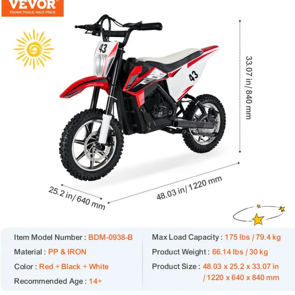 VEVOR Kids Ride On Motorcycle, 36V Battery Powered Electric Motorcycle with Speed Up to 15.5mph, Treaded Tires, Battery Gauge, Dual Brakes, Ride on Toys for Children Boys Girls Aged 14+
