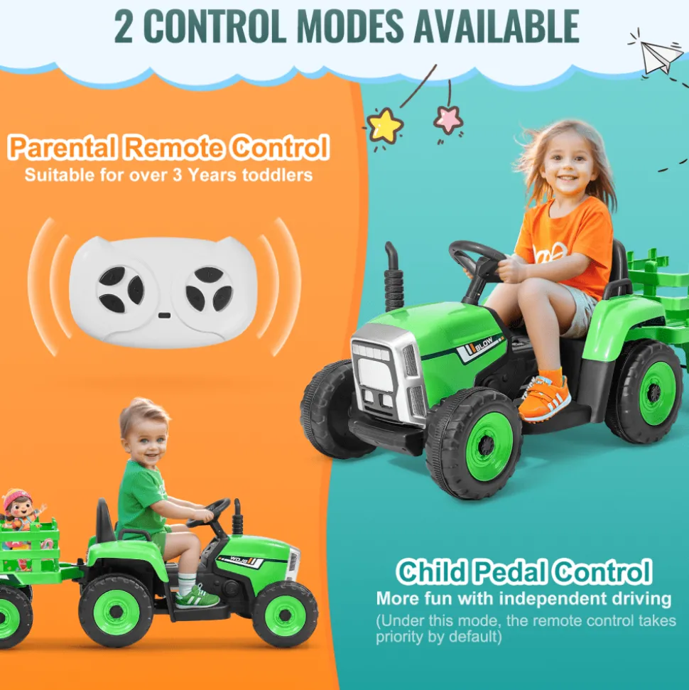 VEVOR Kids Ride on Tractor 12V Electric Toy Tractor with Trailer Remote Control