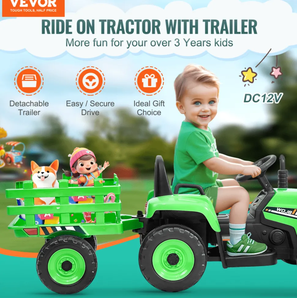 VEVOR Kids Ride on Tractor 12V Electric Toy Tractor with Trailer Remote Control