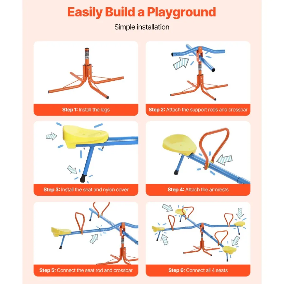 VEVOR Kids Seesaw, 55 lbs Load Capacity per Seat, Sit and Spin Teeter Totter with Handles, Kids Outdoor Playground Equipment, Swiveling 360 Degrees Rotating for Children Aged 3+, Multi Colored