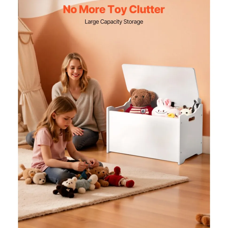 VEVOR Kids Storage Bench, Wooden Toy Box Chest with Backrest, Large Storage Cabinet with Safety Hinge, Toddlers Storage Bench for Playroom, Living Room or Entryway, 23.5 x 14.5 x 21.46 in, White