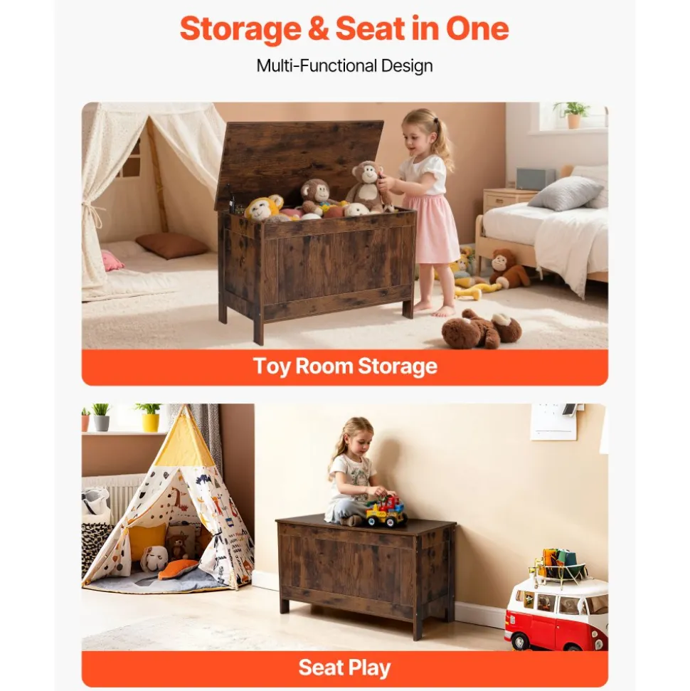 VEVOR Kids Storage Bench, Wooden Toy Box Chest, Large Storage Cabinet with Safety Hinge, Toddlers Retro Storage Bench for Playroom, Living Room or Entryway, 29.7 x 15.3 x 18.9 in, Easy Assembly, Brown