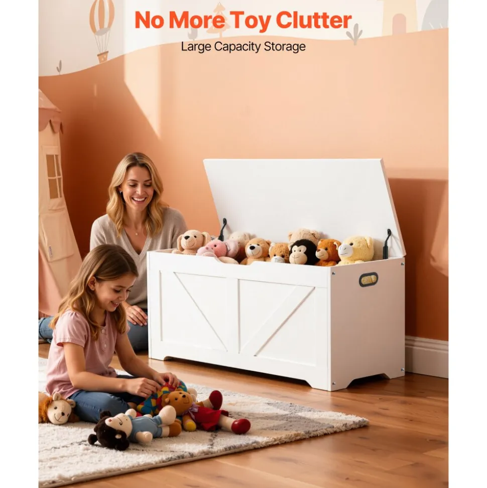 VEVOR Kids Storage Bench, Wooden Toy Box Chest, Large Storage Cabinet with Safety Hinge, Toddlers Storage Bench for Playroom, Living Room or Entryway, Easy Assembly, 38.98 x 15.55 x 18.9 in, White