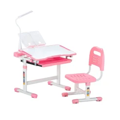 VEVOR Kids Study Chair and Desk Set, Study Desk and Chair for Kids with Table Lamp, Adjustable Height & 0-40° Tilted Desktop Kids Desk and Chair, Children Study Table for Bedroom & Study Room, Pink