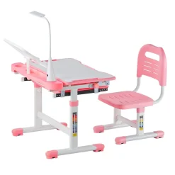 VEVOR Kids Study Chair and Desk Set, Study Desk and Chair for Kids with Table Lamp, Adjustable Height & 0-40° Tilted Desktop Kids Desk and Chair, Children Study Table for Bedroom & Study Room, Pink