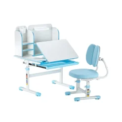 VEVOR Kids Study Chair and Desk Set, Study Desk and Chair for Kids with Bookshelf & Storage Drawer, Adjustable Height & 0-40° Tilted Desktop Desk and Chair, Study Table for Bedroom & Study Room, Blue