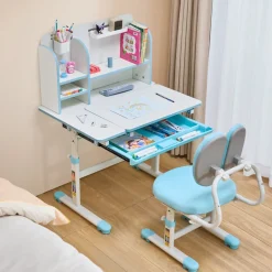 VEVOR Kids Study Chair and Desk Set, Study Desk and Chair for Kids with Bookshelf & Storage Drawer, Adjustable Height & 0-40° Tilted Desktop Desk and Chair, Study Table for Bedroom & Study Room, Blue