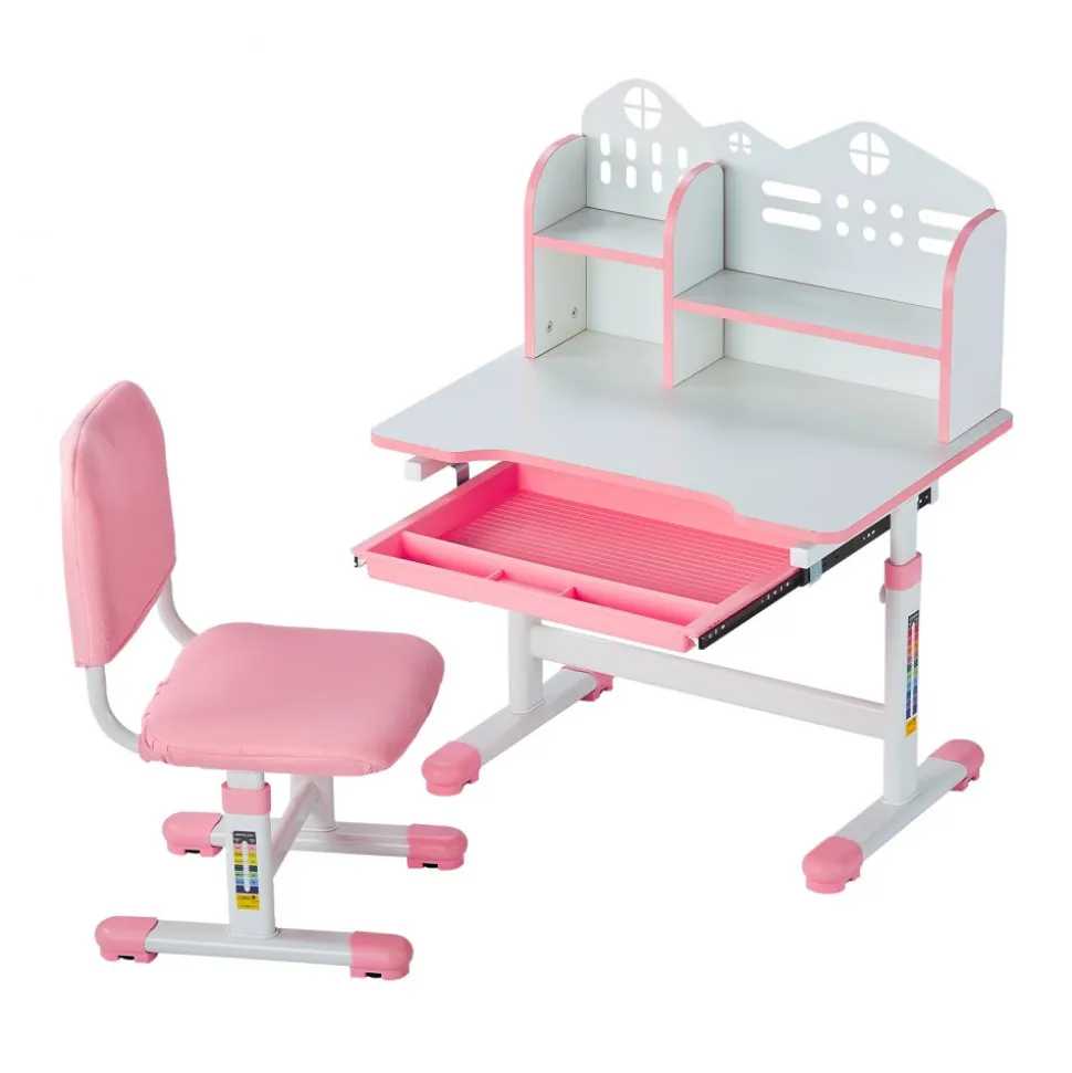 VEVOR Kids Study Chair and Desk Set, Study Desk and Chair for Kids with Bookshelf and Storage Drawer, Adjustable Height Kids Study Desk with Chair, Children Study Table for Bedroom & Study Room, Pink