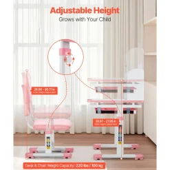 VEVOR Kids Study Chair and Desk Set, Study Desk and Chair for Kids with Bookshelf and Storage Drawer, Adjustable Height Kids Study Desk with Chair, Children Study Table for Bedroom & Study Room, Pink
