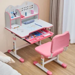 VEVOR Kids Study Chair and Desk Set, Study Desk and Chair for Kids with Bookshelf and Storage Drawer, Adjustable Height Kids Study Desk with Chair, Children Study Table for Bedroom & Study Room, Pink