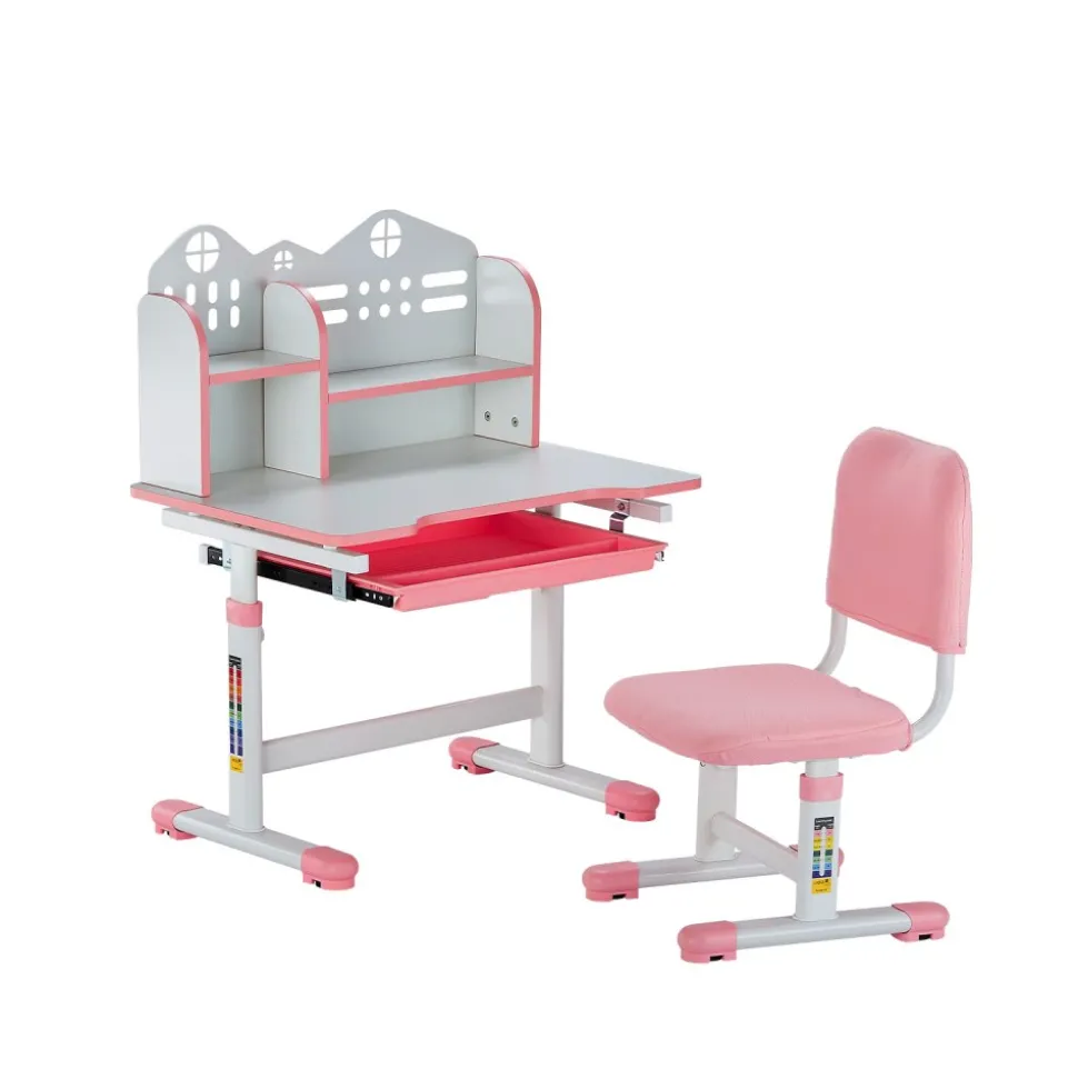 VEVOR Kids Study Chair and Desk Set, Study Desk and Chair for Kids with Bookshelf and Storage Drawer, Adjustable Height Kids Study Desk with Chair, Children Study Table for Bedroom & Study Room, Pink