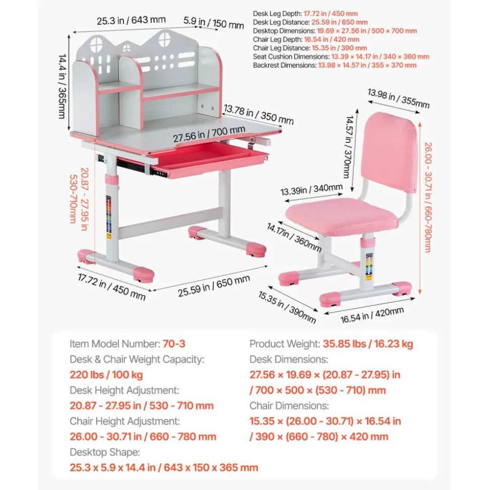VEVOR Kids Study Chair and Desk Set, Study Desk and Chair for Kids with Bookshelf and Storage Drawer, Adjustable Height Kids Study Desk with Chair, Children Study Table for Bedroom & Study Room, Pink