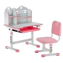 VEVOR Kids Study Chair and Desk Set, Study Desk and Chair for Kids with Bookshelf and Storage Drawer, Adjustable Height Kids Study Desk with Chair, Children Study Table for Bedroom & Study Room, Pink