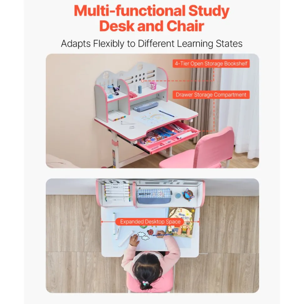 VEVOR Kids Study Chair and Desk Set, Study Desk and Chair for Kids with Bookshelf and Storage Drawer, Adjustable Height Kids Study Desk with Chair, Children Study Table for Bedroom & Study Room, Pink