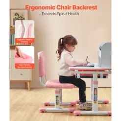 VEVOR Kids Study Chair and Desk Set, Study Desk and Chair for Kids with Bookshelf and Storage Drawer, Adjustable Height Kids Study Desk with Chair, Children Study Table for Bedroom & Study Room, Pink
