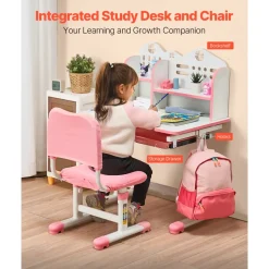 VEVOR Kids Study Chair and Desk Set, Study Desk and Chair for Kids with Bookshelf and Storage Drawer, Adjustable Height Kids Study Desk with Chair, Children Study Table for Bedroom & Study Room, Pink