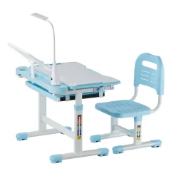 VEVOR Kids Study Chair and Desk Set, Study Desk and Chair for Kids with Table Lamp, Adjustable Height & 0-40° Tilted Desktop Kids Desk and Chair, Children Study Table for Bedroom & Study Room, Blue