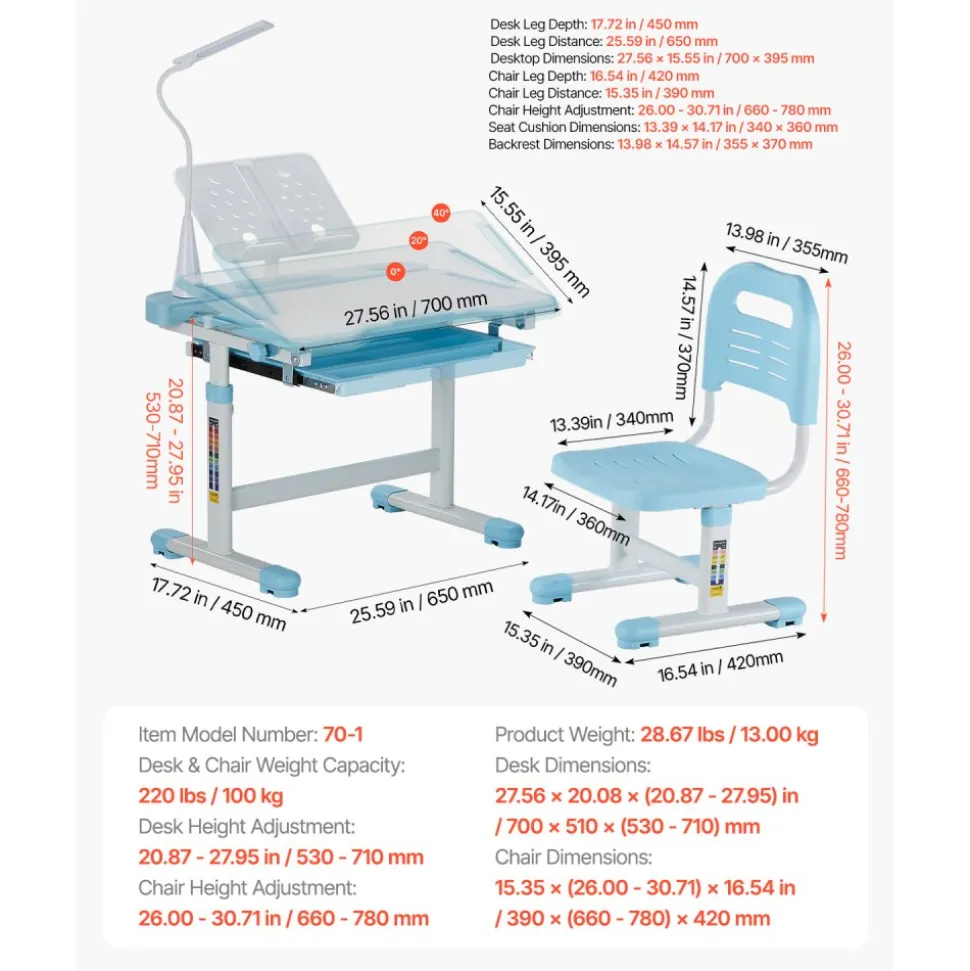 VEVOR Kids Study Chair and Desk Set, Study Desk and Chair for Kids with Table Lamp, Adjustable Height & 0-40° Tilted Desktop Kids Desk and Chair, Children Study Table for Bedroom & Study Room, Blue