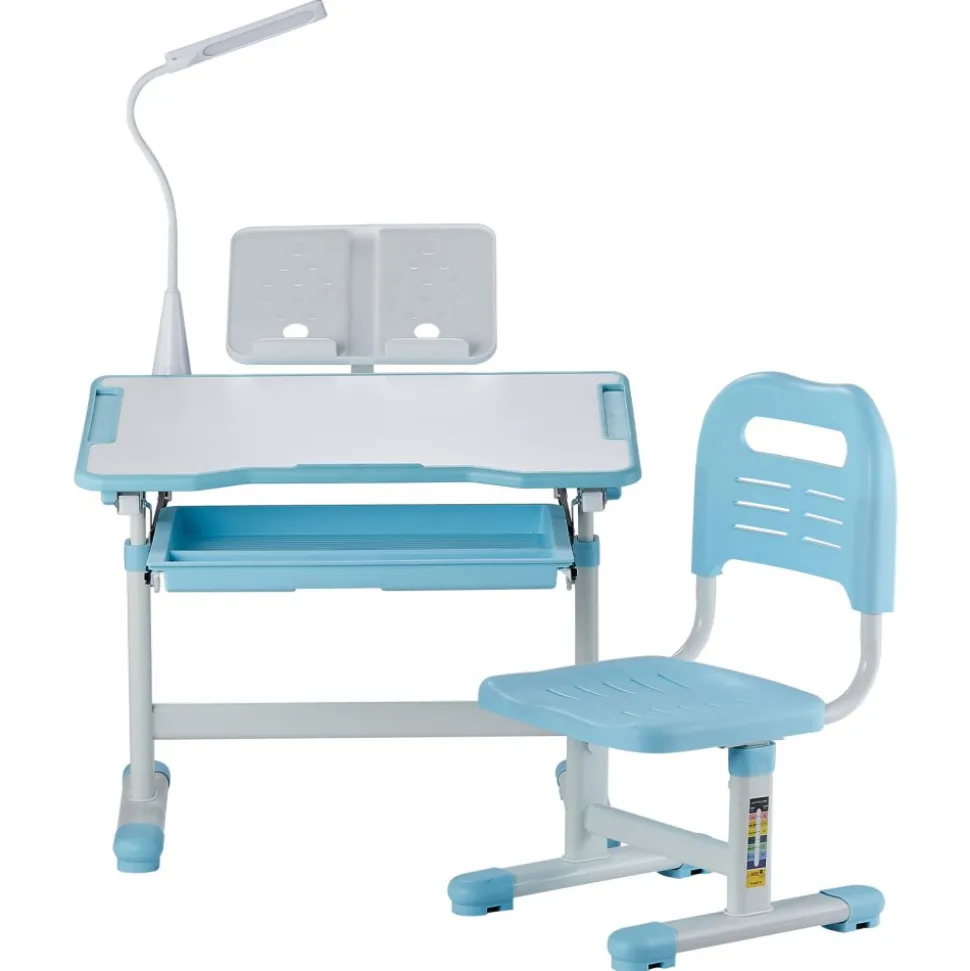 VEVOR Kids Study Chair and Desk Set, Study Desk and Chair for Kids with Table Lamp, Adjustable Height & 0-40° Tilted Desktop Kids Desk and Chair, Children Study Table for Bedroom & Study Room, Blue