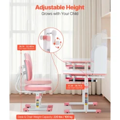 VEVOR Kids Study Chair and Desk Set, Study Desk and Chair for Kids with Bookshelf & Storage Drawer, Adjustable Height & 0-40° Tilted Desktop Desk and Chair, Study Table for Bedroom & Study Room, Pink