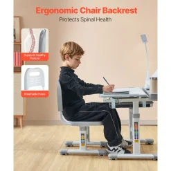 VEVOR Kids Study Chair and Desk Set, Study Desk and Chair for Kids with Table Lamp, Adjustable Height & 0-40° Tilted Desktop Kids Desk and Chair, Children Study Table for Bedroom & Study Room, Grey