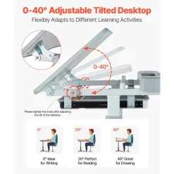 VEVOR Kids Study Chair and Desk Set, Study Desk and Chair for Kids with Table Lamp, Adjustable Height & 0-40° Tilted Desktop Kids Desk and Chair, Children Study Table for Bedroom & Study Room, Grey