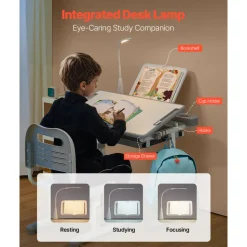 VEVOR Kids Study Chair and Desk Set, Study Desk and Chair for Kids with Table Lamp, Adjustable Height & 0-40° Tilted Desktop Kids Desk and Chair, Children Study Table for Bedroom & Study Room, Grey