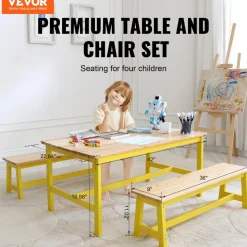 VEVOR Kids Table and Bench Set, Toddler Table and Chair Set of 3, Wood Activity Table for Art, Craft, Reading, Learning
