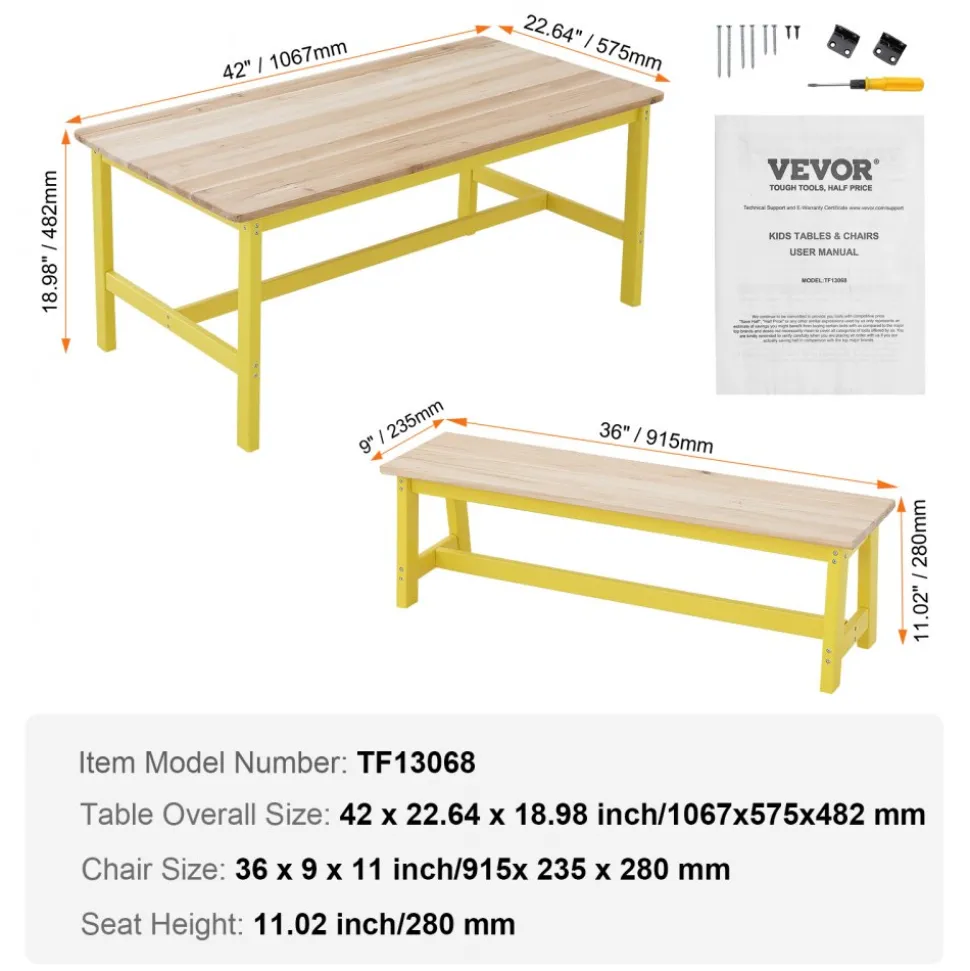VEVOR Kids Table and Bench Set, Toddler Table and Chair Set of 3, Wood Activity Table for Art, Craft, Reading, Learning