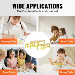 VEVOR Kids Table and Bench Set, Toddler Table and Chair Set of 3, Wood Activity Table for Art, Craft, Reading, Learning