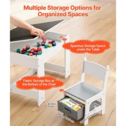 VEVOR Kids Table and 2 Chairs Set, Toddler Table and Chair Set with Storage Space under the Table, Cloth Storage Box under the Chairs, Wooden Desk for Art, Craft, Reading, Learning, Drawing, White
