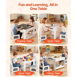 VEVOR Kids Table and 2 Chairs Set, Toddler Table and Chair Set with Storage Space under the Table, Cloth Storage Box under the Chairs, Wooden Desk for Art, Craft, Reading, Learning, Drawing, White