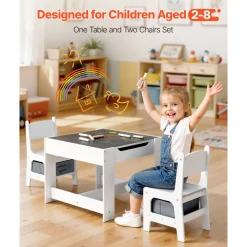 VEVOR Kids Table and 2 Chairs Set, Toddler Table and Chair Set with Storage Space under the Table, Cloth Storage Box under the Chairs, Wooden Desk for Art, Craft, Reading, Learning, Drawing, White