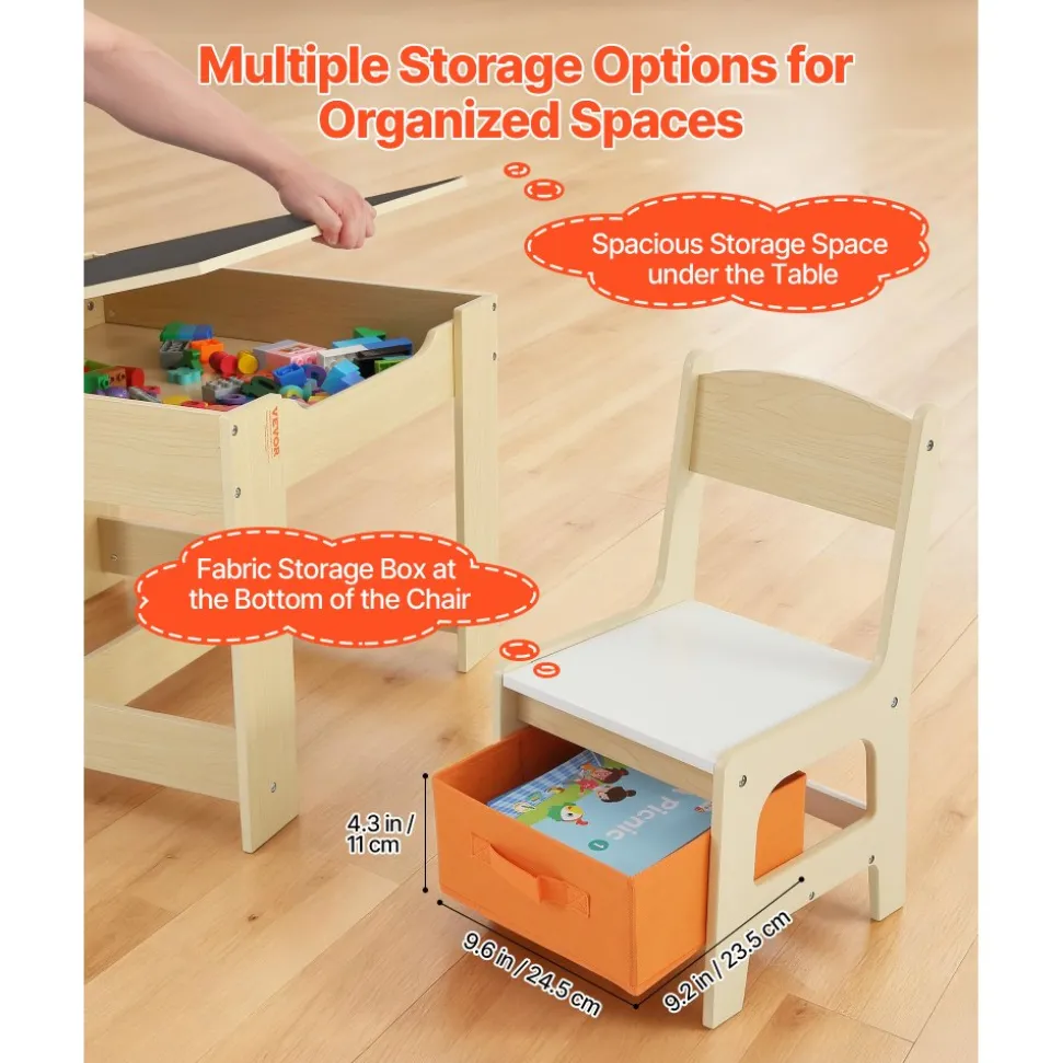 VEVOR Kids Table and 2 Chairs Set, Toddler Table and Chair Set with Storage Space under the Table, Cloth Storage Box under the Chairs, Wooden Desk for Art, Craft, Reading, Learning, Drawing, Burlywood