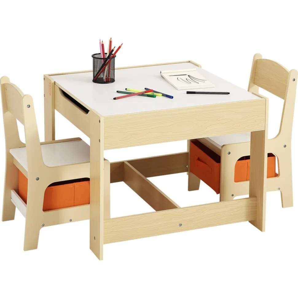 VEVOR Kids Table and 2 Chairs Set, Toddler Table and Chair Set with Storage Space under the Table, Cloth Storage Box under the Chairs, Wooden Desk for Art, Craft, Reading, Learning, Drawing, Burlywood