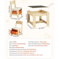 VEVOR Kids Table and 2 Chairs Set, Toddler Table and Chair Set with Storage Space under the Table, Cloth Storage Box under the Chairs, Wooden Desk for Art, Craft, Reading, Learning, Drawing, Burlywood