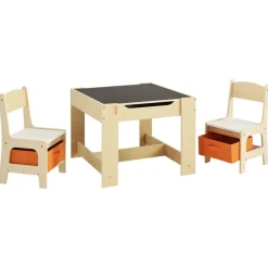 VEVOR Kids Table and 2 Chairs Set, Toddler Table and Chair Set with Storage Space under the Table, Cloth Storage Box under the Chairs, Wooden Desk for Art, Craft, Reading, Learning, Drawing, Burlywood