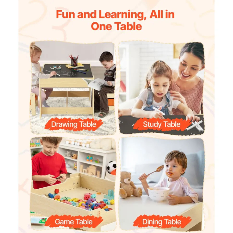 VEVOR Kids Table and 2 Chairs Set, Toddler Table and Chair Set with Storage Space under the Table, Cloth Storage Box under the Chairs, Wooden Desk for Art, Craft, Reading, Learning, Drawing, Burlywood