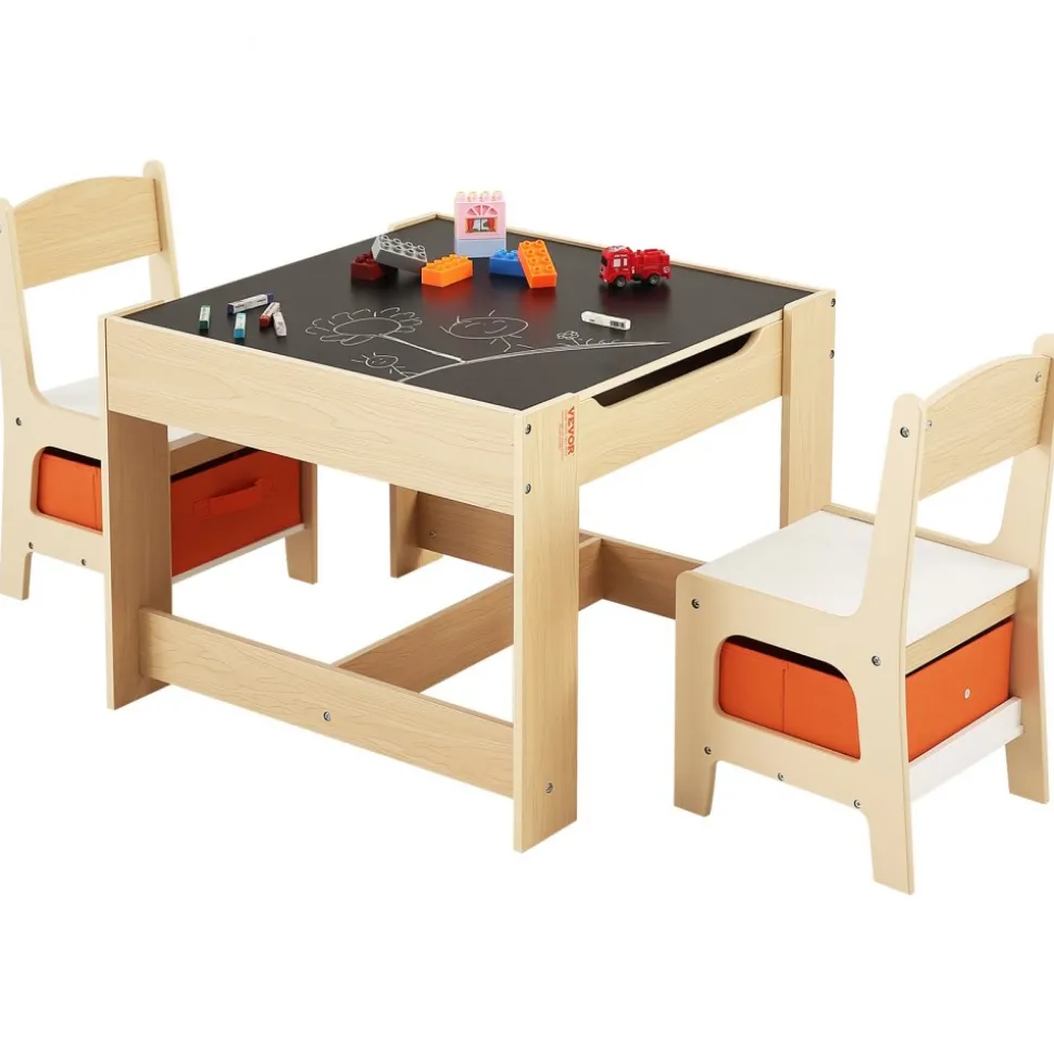 VEVOR Kids Table and 2 Chairs Set, Toddler Table and Chair Set with Storage Space under the Table, Cloth Storage Box under the Chairs, Wooden Desk for Art, Craft, Reading, Learning, Drawing, Burlywood