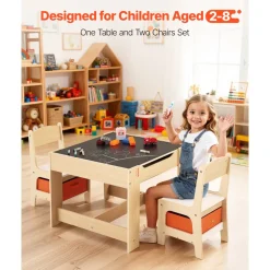 VEVOR Kids Table and 2 Chairs Set, Toddler Table and Chair Set with Storage Space under the Table, Cloth Storage Box under the Chairs, Wooden Desk for Art, Craft, Reading, Learning, Drawing, Burlywood