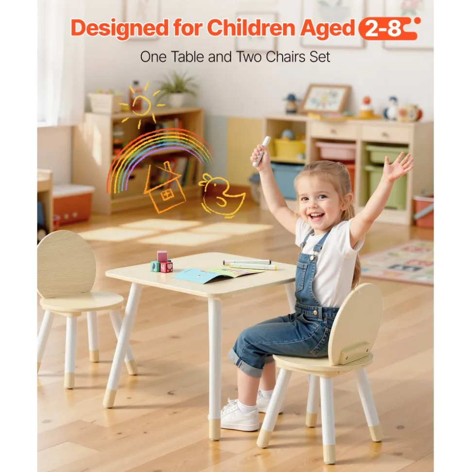 VEVOR Kids Table and 2 Chairs Set, Toddler Table and Chair Set with Rounded Edge Design & Graffiti Desktop, Wooden Desk for Art, Craft, Reading, Learning, Drawing, Classroom/Daycare/Home, Burlywood