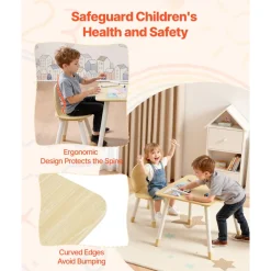 VEVOR Kids Table and 2 Chairs Set, Toddler Table and Chair Set with Rounded Edge Design & Graffiti Desktop, Wooden Desk for Art, Craft, Reading, Learning, Drawing, Classroom/Daycare/Home, Burlywood