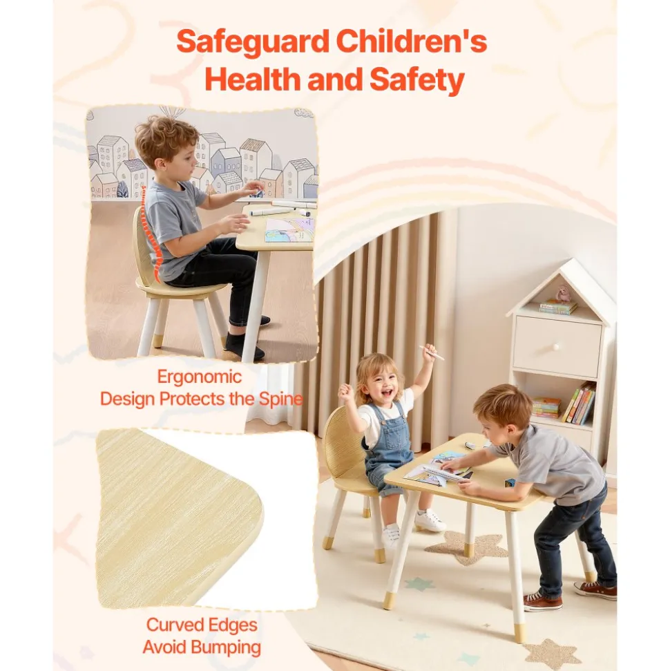 VEVOR Kids Table and 2 Chairs Set, Toddler Table and Chair Set with Rounded Edge Design & Graffiti Desktop, Wooden Desk for Art, Craft, Reading, Learning, Drawing, Classroom/Daycare/Home, Burlywood