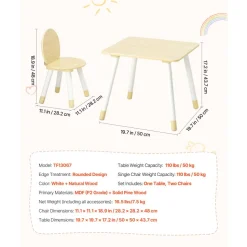 VEVOR Kids Table and 2 Chairs Set, Toddler Table and Chair Set with Rounded Edge Design & Graffiti Desktop, Wooden Desk for Art, Craft, Reading, Learning, Drawing, Classroom/Daycare/Home, Burlywood