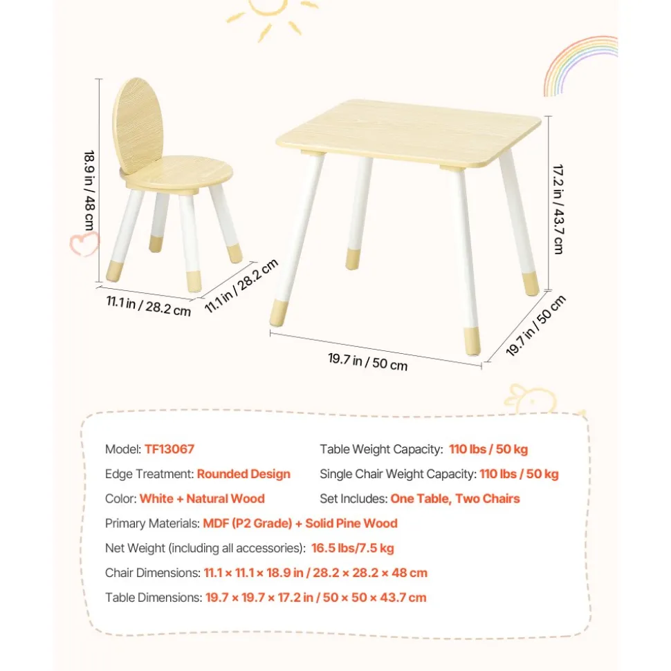 VEVOR Kids Table and 2 Chairs Set, Toddler Table and Chair Set with Rounded Edge Design & Graffiti Desktop, Wooden Desk for Art, Craft, Reading, Learning, Drawing, Classroom/Daycare/Home, Burlywood