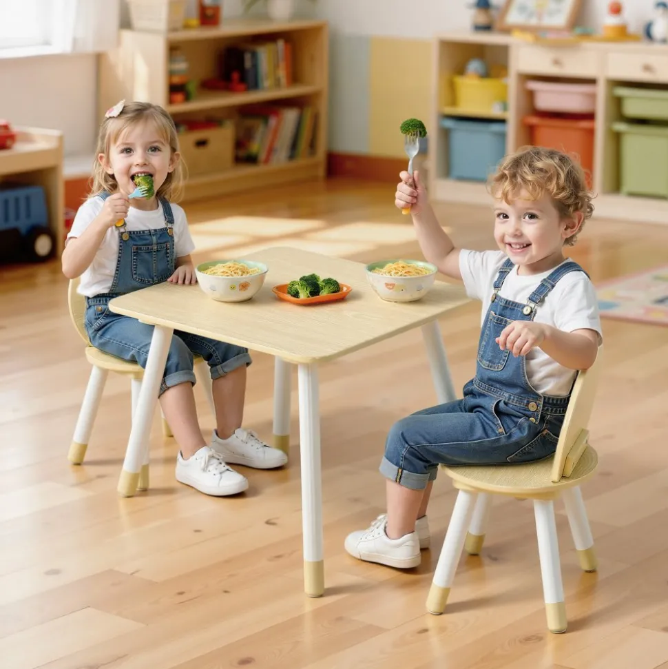 VEVOR Kids Table and 2 Chairs Set, Toddler Table and Chair Set with Rounded Edge Design & Graffiti Desktop, Wooden Desk for Art, Craft, Reading, Learning, Drawing, Classroom/Daycare/Home, Burlywood