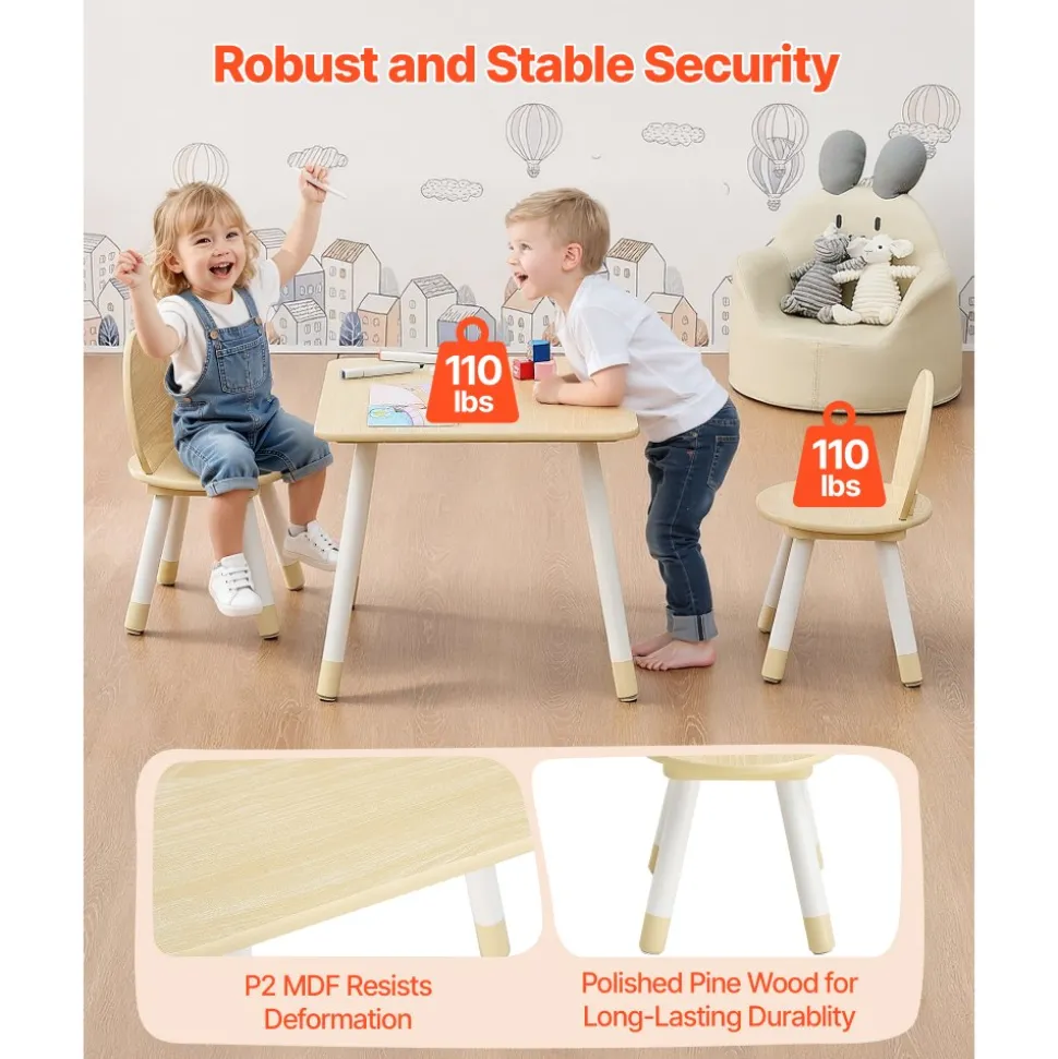 VEVOR Kids Table and 2 Chairs Set, Toddler Table and Chair Set with Rounded Edge Design & Graffiti Desktop, Wooden Desk for Art, Craft, Reading, Learning, Drawing, Classroom/Daycare/Home, Burlywood