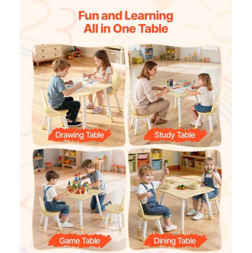 VEVOR Kids Table and 2 Chairs Set, Toddler Table and Chair Set with Rounded Edge Design & Graffiti Desktop, Wooden Desk for Art, Craft, Reading, Learning, Drawing, Classroom/Daycare/Home, Burlywood