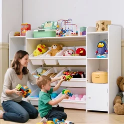 VEVOR Kids Toy Storage and Bookshelf, 4-Tier Large Toy Storage Organizer with 8 Flexible Plastic Bins, Kids Cubby Cabinet with Bookshelf for Study Room, Bedroom, Playroom, Classroom, Nursery, White